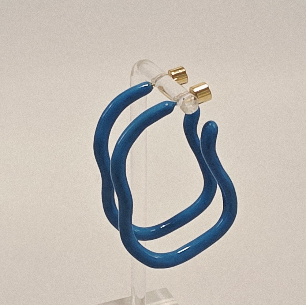 Emma Pills OBSESSION HOOPS Earrings 14k Goldplated 2x1.5" Blue Color New